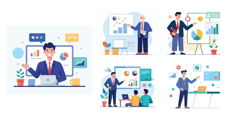 Fototapeta premium People make a presentation of the project by showing charts and statistics. Brainstorming. Flat vector illustration of business presentation concept. 