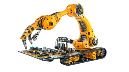 A robot arm assembling electronics with pinpoint accuracy,Transparent background, PNG file