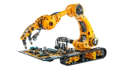 A robot arm assembling electronics with pinpoint accuracy,Transparent background, PNG file