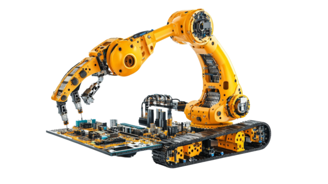 A robot arm assembling electronics with pinpoint accuracy,Transparent background, PNG file