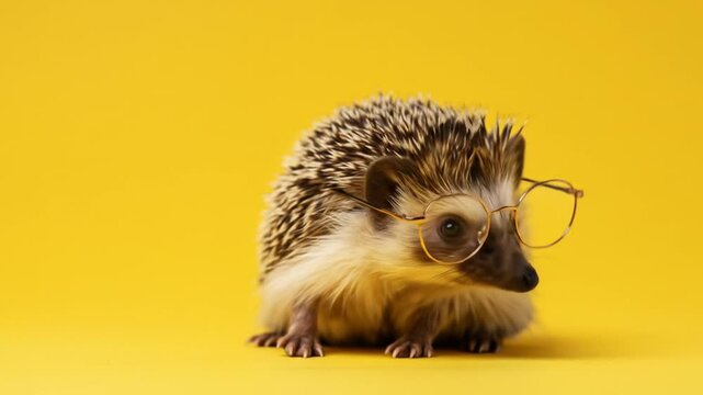Smart Hedgehog: A captivating portrait of a charming hedgehog sporting eyeglasses against a vibrant yellow backdrop, portraying intelligence and curiosity.