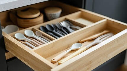 Organizing kitchen bliss A drawer of perfectly aligned sustainable bamboo utensils ready for culinary adventures with