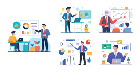 Obraz premium People make a presentation of the project by showing charts and statistics. Brainstorming. Flat vector illustration of business presentation concept. 