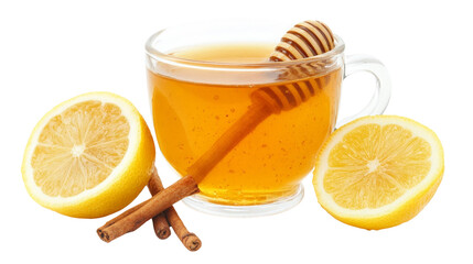 A rich hot toddy with honey and lemon, served in a glass mug,Transparent background, PNG file