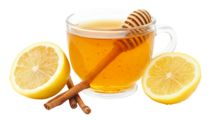 A rich hot toddy with honey and lemon, served in a glass mug,Transparent background, PNG file