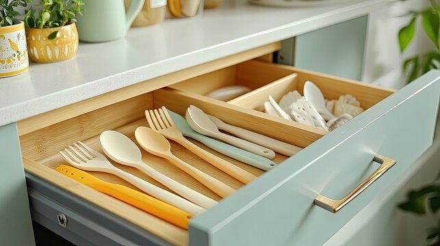 Unveiling a neatly organized kitchen drawer brimming with colorful cutlery promising ease and efficiency during meal