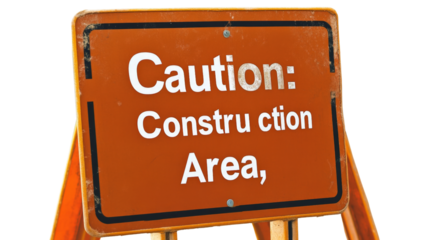 A safety sign reading "Caution: Construction Area," Transparent background, PNG file