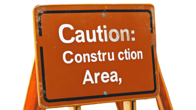 A safety sign reading "Caution: Construction Area," Transparent background, PNG file - Powered by Adobe