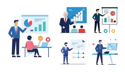 People make a presentation of the project by showing charts and statistics. Brainstorming. Flat vector illustration of business presentation concept.
