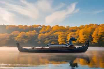 Obraz premium A Japanese traditonal yacht at the middle of beautiful lake with yellow leaves under good weather
