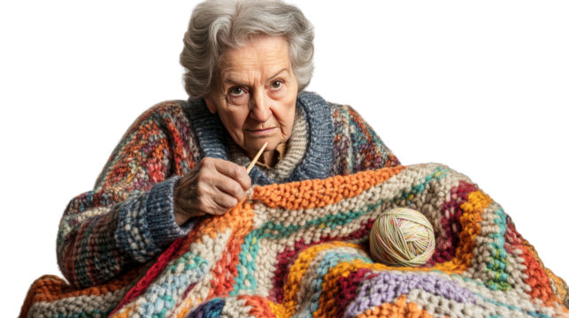 A senior woman knitting a blanket, with a ball of yarn beside her, Transparent background, PNG file - Powered by Adobe