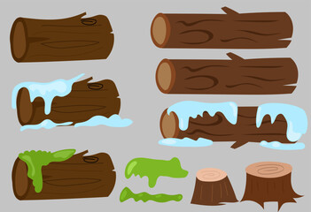 mossy fallen tree trunk illustration. Set of plant tree cartoon element. tropical forest, grass, © Griyolabs