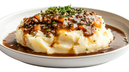 A serving of shepherd pie with mashed potatoes and gravy, Transparent background, PNG file