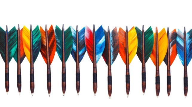 A set of archery arrows with colorful fletching, Transparent background, PNG file