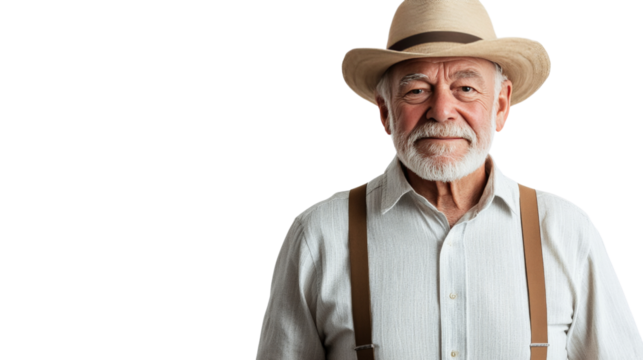 A senior man wearing a hat and suspenders, standing proudly, Transparent background, PNG file - Powered by Adobe