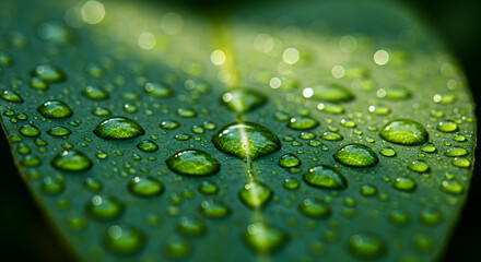 Water droplets on a green leaf in a close-up view.