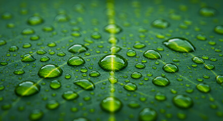 Water droplets on a vibrant green leaf, close-up shot.