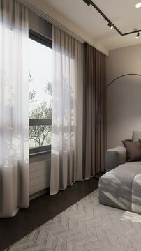 Living room interior in light warm colors, on a sunny day. 3D render