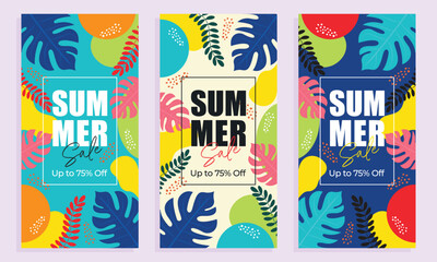 Fototapeta premium Summer sale abstract banner set with tropical leaves flat vector illustration.