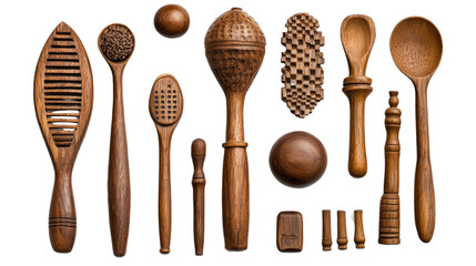 A set of Ayurvedic massage tools made from wood,Transparent background, PNG file