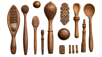 A set of Ayurvedic massage tools made from wood,Transparent background, PNG file