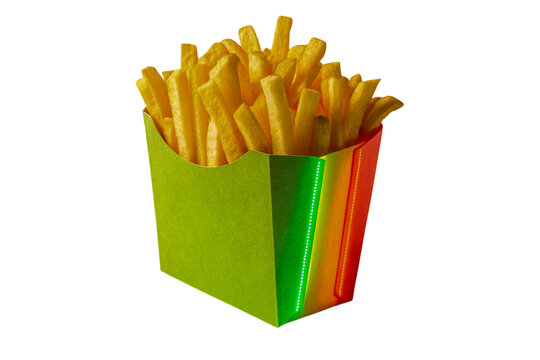 A colorful green container filled with golden, crispy French fries, featuring vibrant red and green accents., ai generated