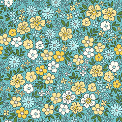 Beautiful cute floral pattern in small flowers. Small yellow and white flowers. Blue background. Ditsy print. Floral seamless background. Gentle hand drawn template for fashion prints. Stock pattern