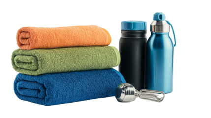A set of gym towels and water bottles, ready for a workout, Transparent background, PNG file