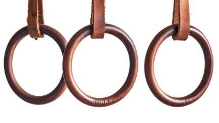 A set of gymnastic rings hanging from leather straps, Transparent background, PNG file
