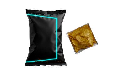 Black Chips Bag with Neon Frame and Bowl of Chips on Transparent Background, ai generated