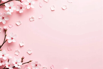Fototapeta premium Flatlay of Cherry Blossom Branches and Scattered Petals on Soft Pastel Background, Capturing the Delicate Beauty, Romantic Mood, and Seasonal Elegance of Spring in a Clean and Minimal Overhead Composi