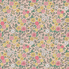 Vector seamless pattern. Liberty pattern in small flowers. Small pink, white and yellow flowers. Pink background. Ditsy floral background. Delicate template for fashion vintage prints. Stock vector.
