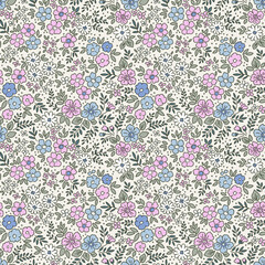 Vintage seamless floral pattern. Ditsy style background of small pastel flowers. Small blooming flowers scattered over a white background. Stock vector for printing on surfaces and web design. Gentle 
