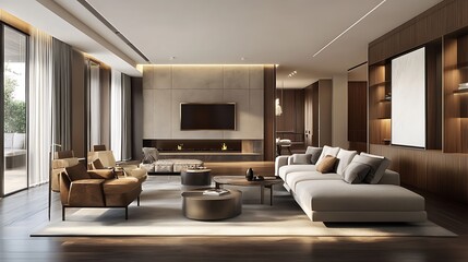 Modern, spacious living room with neutral color palette, featuring comfortable seating, a fireplace, and a large flat-screen TV