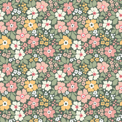 Vector seamless pattern. Pretty pattern in small flowers. Small pastel colors flowers. Green gray background. Ditsy floral background. Vintage floral template for fashion textile prints. Stock print