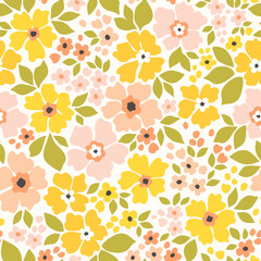 Cute floral background. Vintage spring floral pattern with small yellow, pink pastel flowers on white background. Seamless pattern for design and fashion prints. Ditsy style. Stock vector print