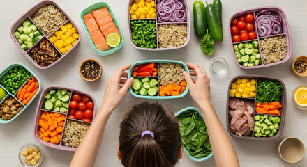 Woman preparing healthy lunch boxes with balanced meals.