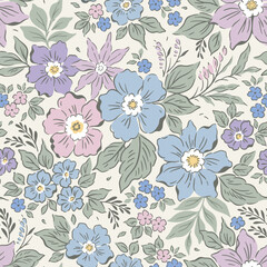 Cute floral pattern. Pretty flowers on white background. Printing with small pastel lilac flowers. Ditsy print. Seamless vector texture. Spring bouquet. Vintage template for fashion prints. Stock 
