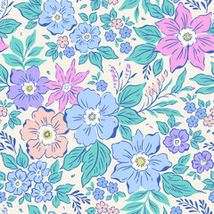 Vector seamless pattern. Vintage pattern in small flowers. Small lilac, pink and blue flowers. White background. Ditsy floral background. Hand drawn flowers. Abstract modern trendy pattern.