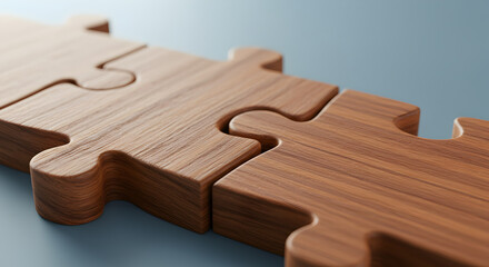 Wooden jigsaw puzzle pieces connected together on a blue background.