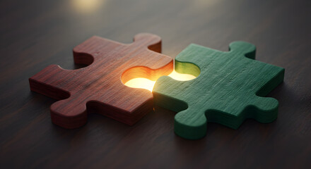Interlocking jigsaw puzzle pieces with light shining through, teamwork and connection concept.
