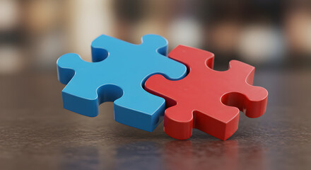 Blue and Red Puzzle Pieces Connected on a Wooden Surface
