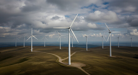 Wind turbines on a hilltop under a cloudy sky. Renewable energy source.