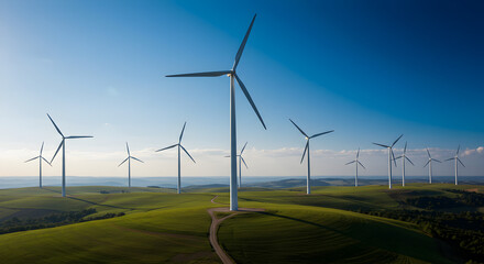 Wind turbines on rolling hills generating green energy.