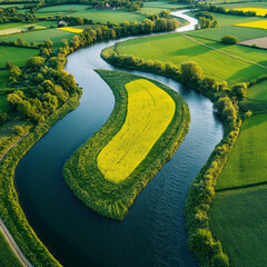 Aerial view of Main River sharp bend flowing through summer meadows, rapeseed fields, diverse farms, vibrant greens and yellows, drone shot, midday light, high-resolution landscape
