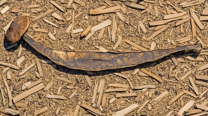 Dried Seed Pod and Mushroom on Wood Chips Background
