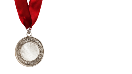 A shiny silver medal hanging from a red ribbon,Transparent background, PNG file
