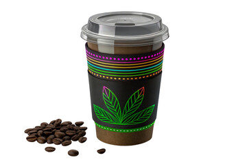 Coffee Cup with Colorful Design and Coffee Beans on Transparent Background, ai generated