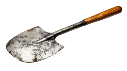 A shovel with a wooden handle and metal blade,Transparent background, PNG file