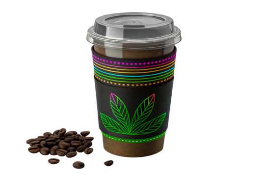 Coffee Cup with Colorful Design and Coffee Beans on Transparent Background, ai generated